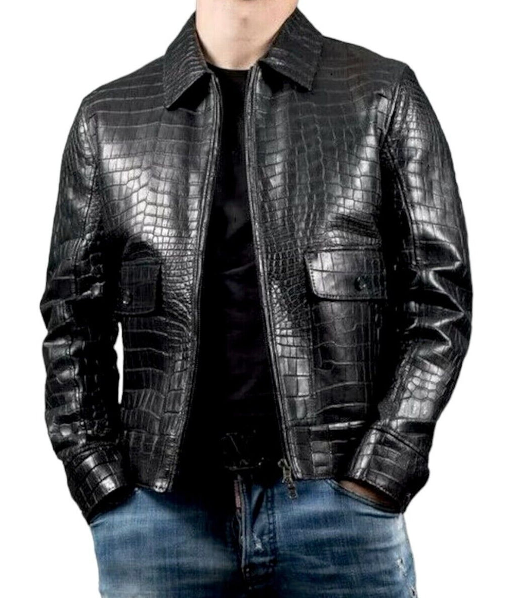 Crocodile Print Men leather Jacket